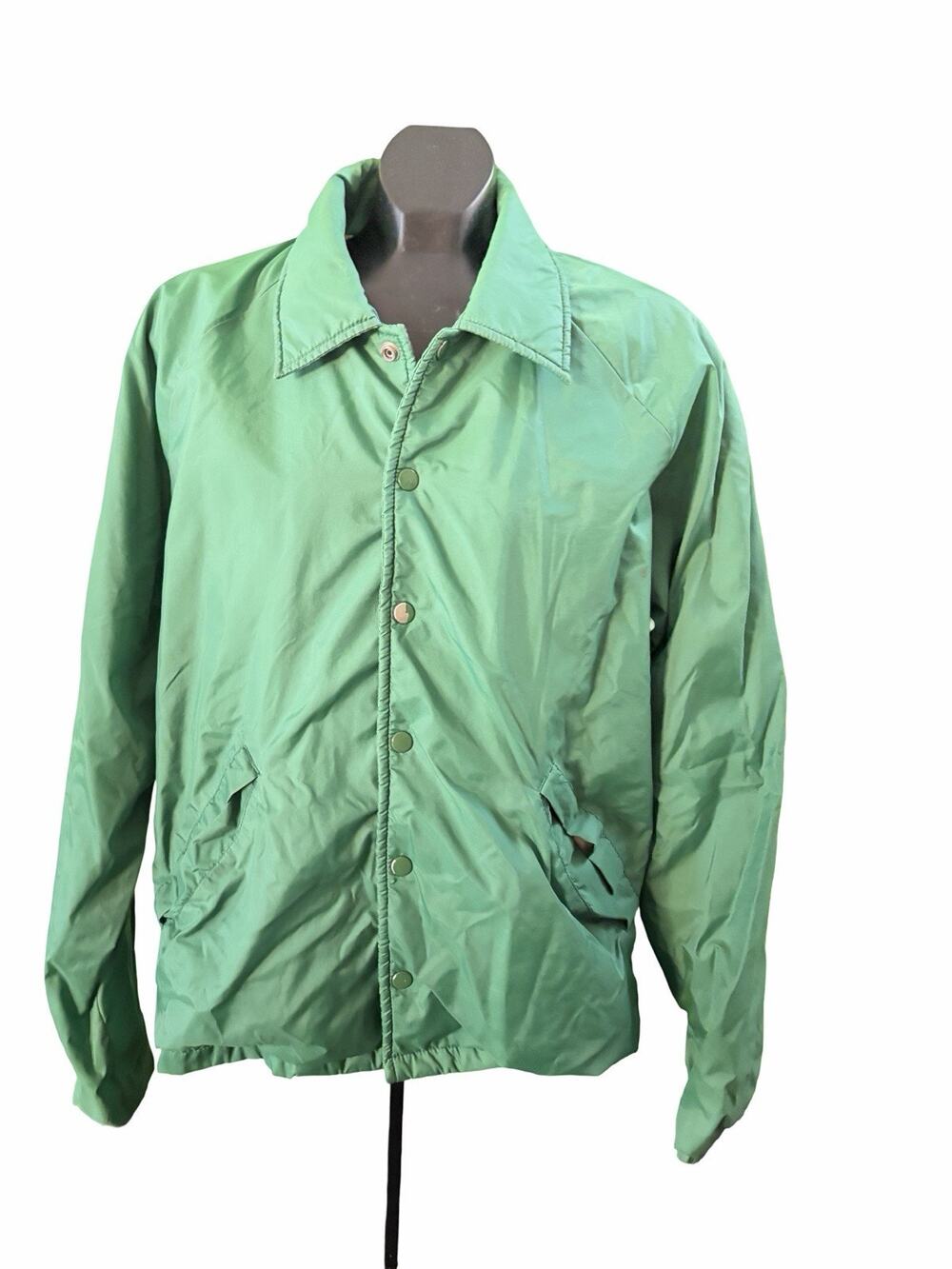 Vintage Green Coach Jacket Snap Front Windbreaker USA Made Retro Mens L